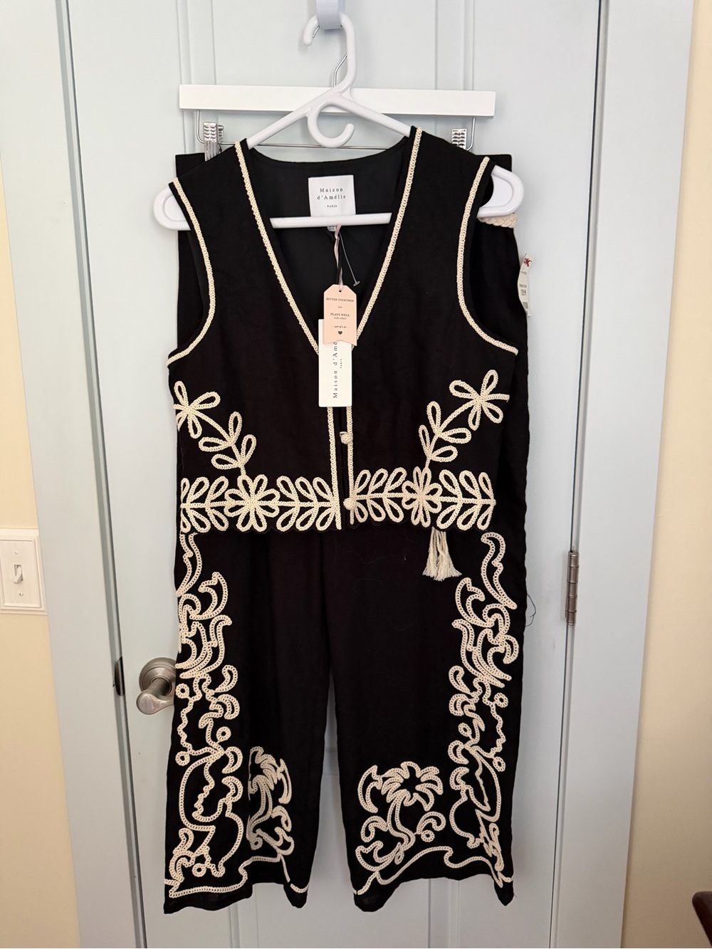 Black Embroidered Sleeveless Vest and Pants with Cream Trim